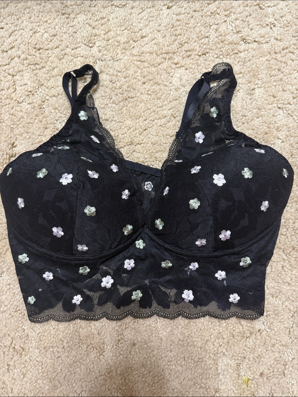 PINK Victoria's Secret Black Lace Bralette with Pastel Floral Embroidery